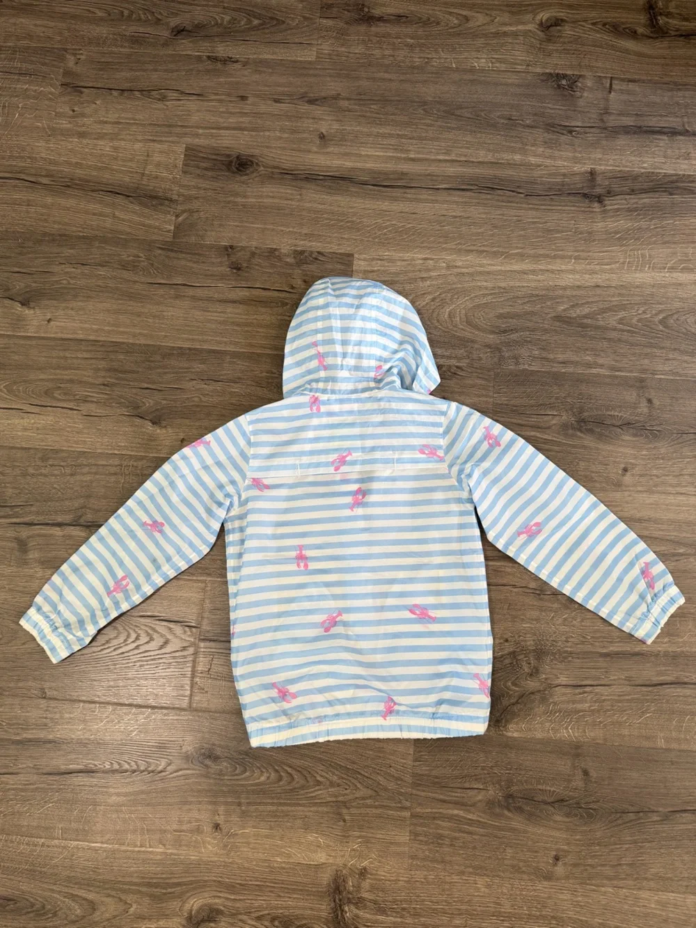 Joules Light Blue & White Striped Hooded Raincoat with Pink Lobsters